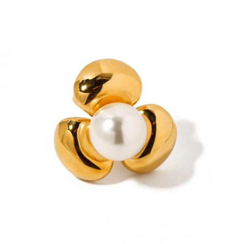 Anillo de dedo de acero inoxidable, acero inoxidable 304, con Perlas plásticas, Flor, 18K chapado en oro, Joyería & para mujer, dorado, inner diameter 17.3mm,width 32.6mm, tamaño:7, Vendido por UD