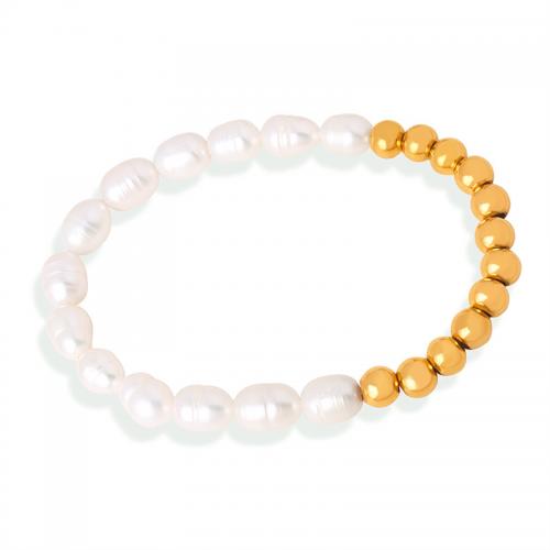 Bracelet d'acier titane, avec perle d'eau douce cultivée, Plaqué or 18K, bijoux de mode & pour femme, protéger l'environnement, sans nickel, plomb et cadmium, Longueur Environ 16 cm, Vendu par PC