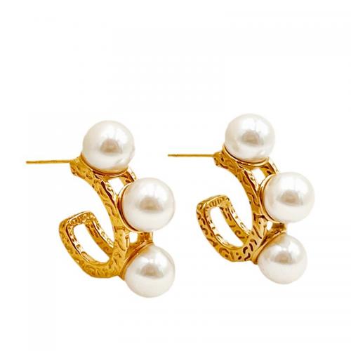 304 rostfritt stål Stud Earring, med Plast Pearl, Letter C, guldfärg pläterade, för kvinna & ihålig, 20x27mm, Säljs av Par