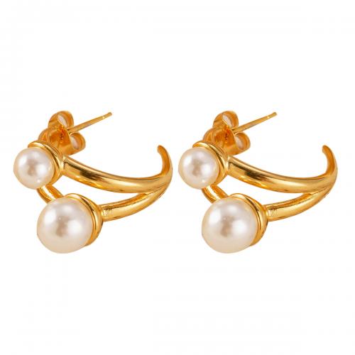 304 rustfrit stål Stud Earring, med Plastic Pearl, 18K forgyldt, forskellige stilarter for valg & for kvinde, 26x18mm, Solgt af par