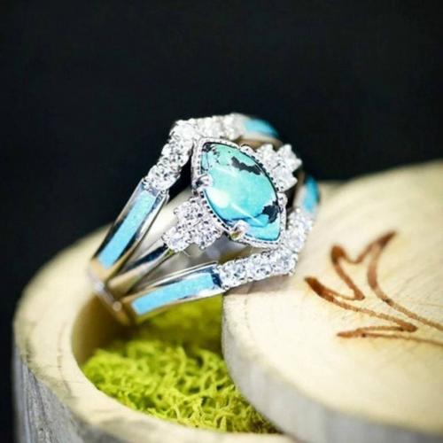 Zinc Alloy Ring Set with turquoise silver color plated three pieces & for woman & enamel & with rhinestone US Ring Sold By Set