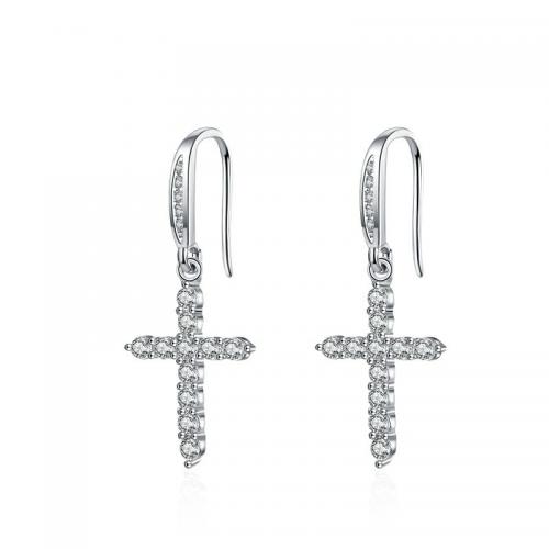 Ciúbach Zirconia Micrimhilseogra réiteodh Earring Prás, Cross, jewelry faisin & micrea réiteach zirconia ciúbach & do bhean, nicil, luaidhe & caidmiam saor in aisce, 12.35x30.20mm, Díolta De réir Péire