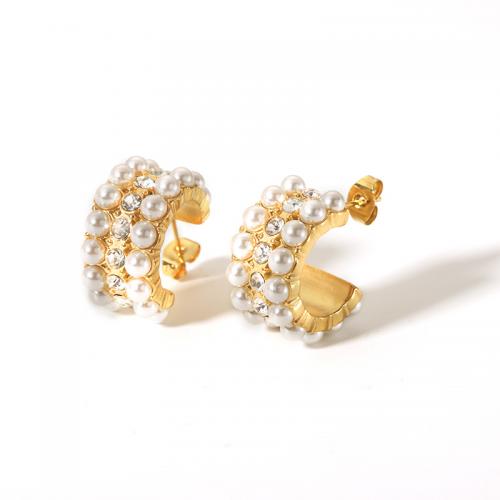 Roestvrij staal Stud Earrings, 304 roestvrij staal, met Plastic Pearl, 18K verguld, mode sieraden & voor vrouw & met strass, gouden, 12.30x12.30mm, Verkocht door pair