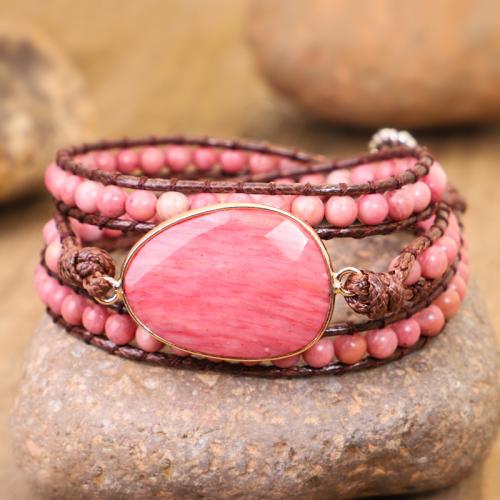 Wrap armband, Rhodonite Rhodonite, met lederen koord, handgemaakt, mode sieraden & multilayer & uniseks, Lengte Ca 51-60 cm, Verkocht door PC