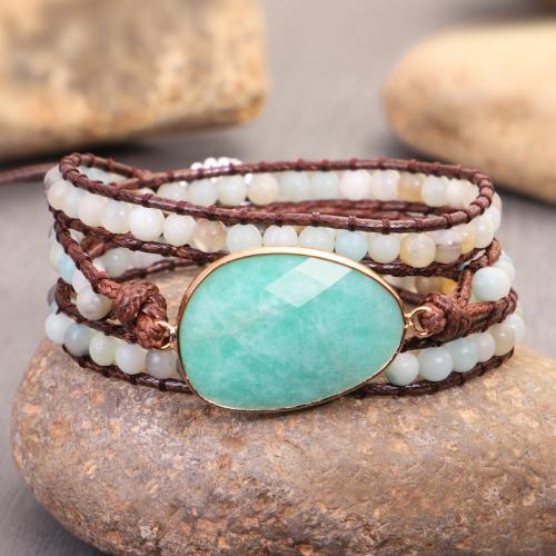 Bracelet châle , Amazonite, avec cordon en cuir, fait à la main, bijoux de mode & multicouche & unisexe, Longueur Environ 51-60 cm, Vendu par PC