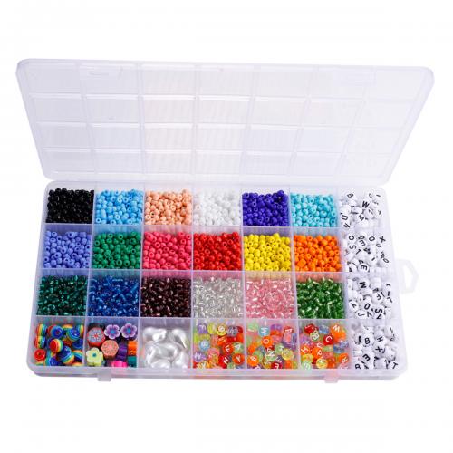 Blandet Glass Seed Beads, Glas, med Plastboks & Akryl, 28 celler & du kan DIY, blandede farver, 225x135x18mm, Solgt af Box