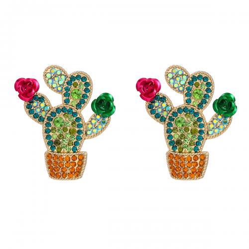 Pendientes de Perno de Aleación de Zinc, Opuntia Stricta, Joyería & para mujer & con diamantes de imitación, libre de níquel, plomo & cadmio, 43x38mm, Vendido por Par