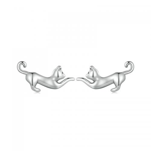 Boucle d'oreille bijoux en argent sterling, argent sterling 925, chat, Placage, pour femme, argent, 11x7mm, Vendu par paire