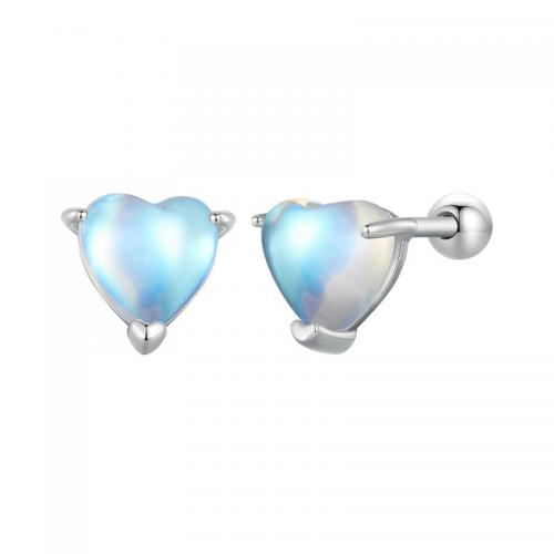 Sterling Silver Jewelry orecchino, 925 argento sterlina, with Moonstone, Cuore, placcato, per la donna, argento, 7.50x7mm, Foro:Appross. 4.5mm, Venduto da coppia