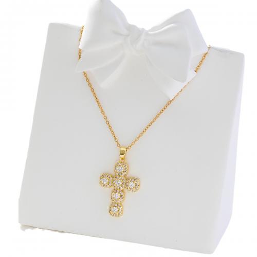 Collier en laiton cubique Zircon Micro Pave, croix, Plaqué d'or, pavé de micro zircon & pour femme, doré, Vendu par PC