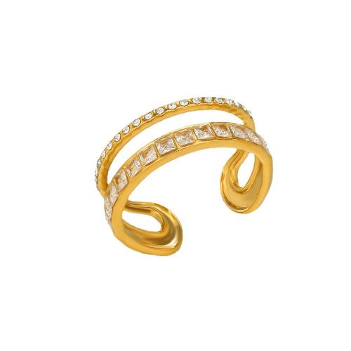 304 roestvrij staal Manchet Finger Ring, gold plated, voor vrouw & met strass & hol, Maat:8, Verkocht door PC