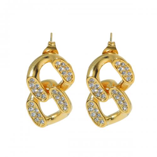 304 roestvrij staal Drop Earring, Geometrisch Patroon, gold plated, voor vrouw & met strass & hol, 14x23mm, Verkocht door pair