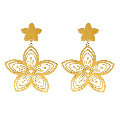 304 roestvrij staal Drop Earring, Bloem, 18K verguld, voor vrouw & hol, 36x50mm, Verkocht door pair