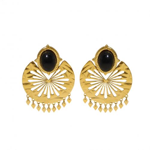 304 roestvrij staal Drop Earring, met Black Stone, Geometrisch Patroon, gold plated, Vintage & voor vrouw & hol, 35x48mm, Verkocht door pair