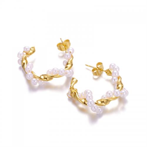 Stainless Steel Stud Earrings 304 Stainless Steel with Plastic Pearl fashion jewelry & for woman golden Sold By Pair