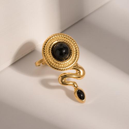 Anello in acciaio inox, 304 acciaio inox, with agata nero, Serpente, placcato, gioielli di moda, dorato, Ring diameter: 1.7cm, Venduto da PC