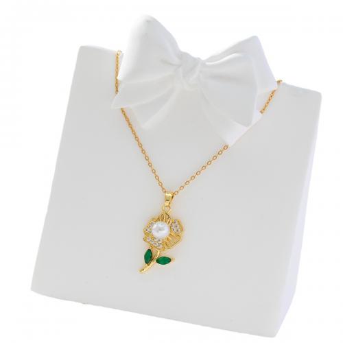 Collier en laiton cubique Zircon Micro Pave, avec perle de plastique, fleur, Plaqué d'or, pavé de micro zircon & pour femme, doré, Vendu par PC