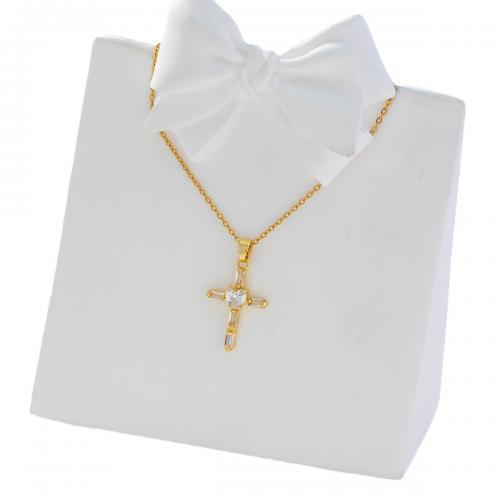 Cubic Zircon Micro Pave Brass Necklace Cross real gold plated micro pave cubic zirconia & for woman golden Sold By PC