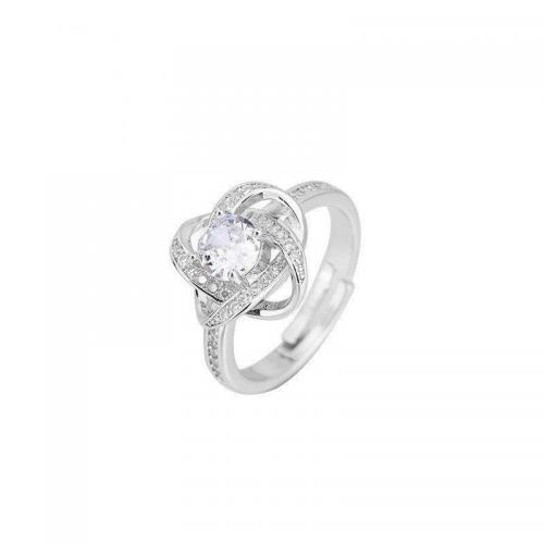 Messing Manchet Finger Ring, Four Leaf Clover, geplatineerd, micro pave zirconia & voor vrouw & hol, Maat:6-8, Verkocht door PC