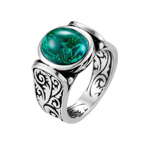 Acier titane bague, avec Malachite, normes différentes pour le choix & pour homme & noircir, couleur originale, Taille:7-13, Vendu par PC