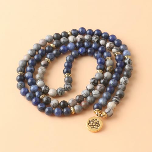 Muoti kaulakoru korut, Sodalite, kanssa Musta Silk Stone & Sinkkiseos, Litteä pyöreä, kullan väri kullattu, muoti korut & Unisex, sekavärit, 108PC/Strand, Myymät Strand