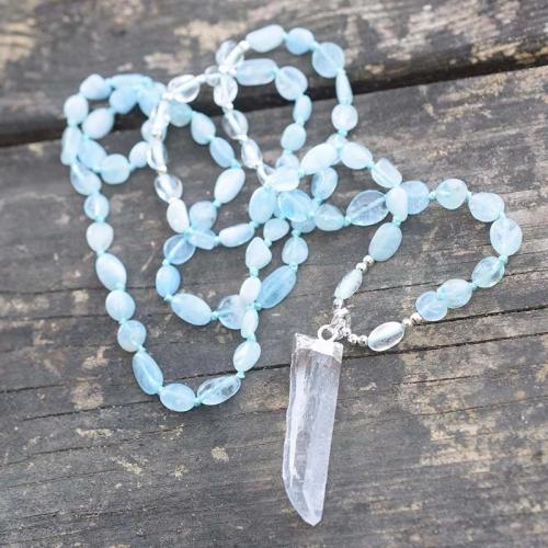 Colar de jóias de pedras preciosas, Aquamarine, with Cristal branco & cobre, cromado de cor prateada, joias de moda & Estilo boêmio & para mulher, cores misturadas, 45mm, comprimento Aprox 83 cm, vendido por PC