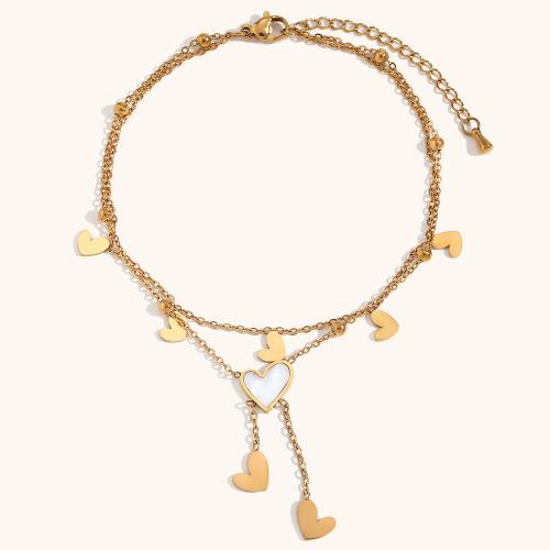 Roestvrijstalen Anklet, 316L roestvrij staal, met White Shell, met 5cm extender keten, Hart, 18K verguld, Dubbele laag & mode sieraden & voor vrouw, gouden, Per verkocht Ca 20 cm Strand