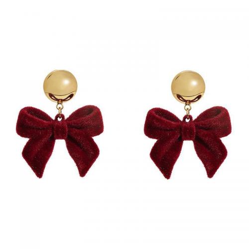 Zinc Alloy Drop Earring, med Flocking Fabric, Bowknot, guldfarve belagt, mode smykker & for kvinde, 30x30mm, Solgt af par