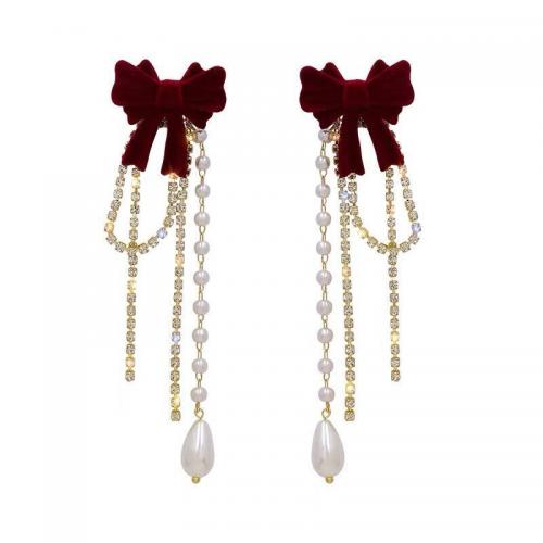 Zinc Alloy Tassel Earring, med Flocking Fabric & Plastic Pearl, Bowknot, forgyldt, for kvinde & med rhinestone, flere farver til valg, 25x100mm, Solgt af par