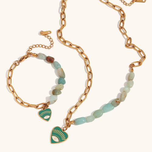 Parures de bijoux en acier inoxydable, acier inoxydable 316L, avec Amazonite, coeur, Plaqué or 18K, bijoux de mode & styles différents pour le choix & pour femme, doré, Vendu par brin