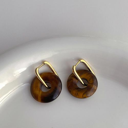 Messing oorhangers, met Tiger Eye, plated, mode sieraden, nikkel, lood en cadmium vrij, 25x18mm, Verkocht door pair