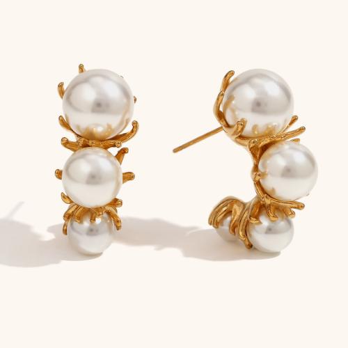 Roestvrij staal Stud Earrings, 316L roestvrij staal, met Plastic Pearl, Chrysamthemum, 18K verguld, mode sieraden & voor vrouw, nikkel, lood en cadmium vrij, 30.50x11.80mm, Verkocht door pair