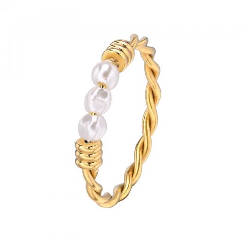 Vinger Ring in edelstaal, 304 roestvrij staal, met Plastic Pearl, handgemaakt, mode sieraden & verschillende grootte voor keus & voor vrouw, goud, nikkel, lood en cadmium vrij, wide:3.4mm, Verkocht door PC