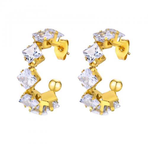 Roestvrij staal Stud Earrings, 304 roestvrij staal, 18K verguld, mode sieraden & micro pave zirconia & voor vrouw, nikkel, lood en cadmium vrij, 26x6.70mm, Verkocht door pair