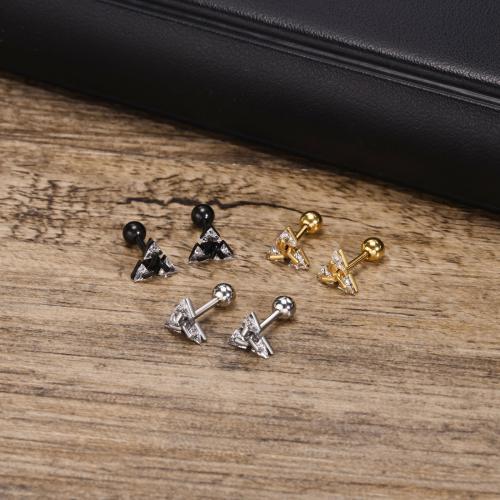 Roestvrij staal Stud Earrings, 304 roestvrij staal, Driehoek, plated, mode sieraden & micro pave zirconia & voor de mens, meer kleuren voor de keuze, nikkel, lood en cadmium vrij, 7x7.50mm, Verkocht door pair