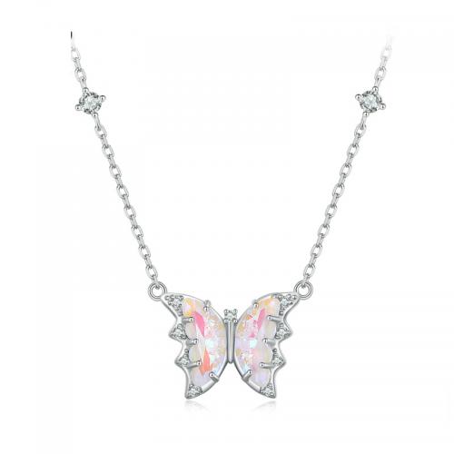 Circón cúbico micr3ofono pavimenta collar de plata esterlina, plata de ley 925, con resina, con 5CM extender cadena, Mariposa, chapado, micro arcilla de zirconia cúbica & para mujer, plateado, longitud aproximado 39 cm, Vendido por UD