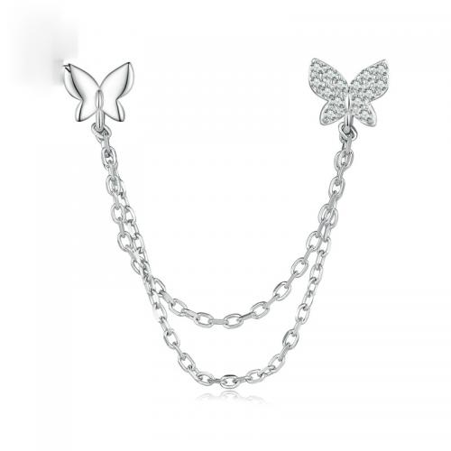 Pendientes de Micro Pavé de Zirconía Cúbica en Plata de Ley, plata de ley 925, Mariposa, chapado, micro arcilla de zirconia cúbica & para mujer, plateado, Width: 6 * 6 mm; length: 40 mm, Vendido por Par