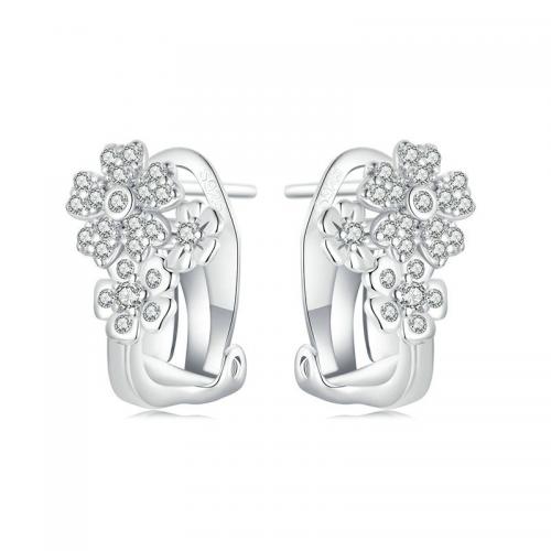 Zircon cubique Micro Pave d'oreille en argent sterling, Argent sterling 925, fleur, Plaqué de platine, bijoux de mode & pavé de micro zircon & pour femme, protéger l'environnement, sans nickel, plomb et cadmium, 14x9mm, Diamètre intérieur:Environ 10mm, Vendu par paire