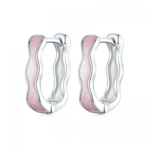 Boucles d'oreilles en argent sterling 925, Plaqué de platine, bijoux de mode & pour femme & émail, rose, protéger l'environnement, sans nickel, plomb et cadmium, 13x3mm, Diamètre intérieur:Environ 10mm, Vendu par paire