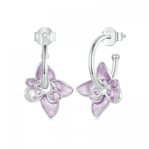 925 Sterling Silver Stud Earrings Flower platinum plated fashion jewelry & for woman & enamel purple nickel lead & cadmium free Sold By Pair