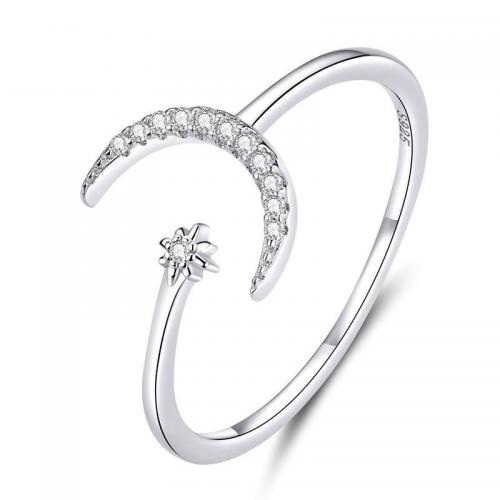 Zircon cubique Micro Pave Sterling Silver Rings, Argent sterling 925, Lune et Etoile, Plaqué de platine, bijoux de mode & pavé de micro zircon & pour femme, protéger l'environnement, sans nickel, plomb et cadmium, 1mm, Vendu par PC