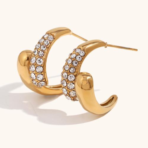 Stainless Steel Stud Earrings 316L Stainless Steel 18K gold plated fashion jewelry & for woman & with rhinestone golden Sold By Pair