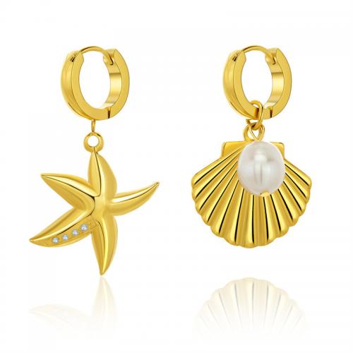 Boucles d'oreilles asymétriques, Acier inoxydable 304, avec Shell Pearl, bijoux de mode & pavé de micro zircon & pour femme, doré, oyster shell 20.5*20mm, starfish 25*20mm, Earrings 2*13.5mm, Vendu par paire