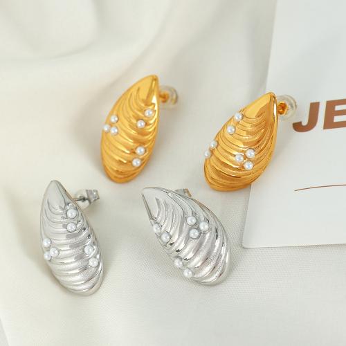 Titanium Staal Earring, met Plastic Pearl, Schelp, mode sieraden & voor vrouw, meer kleuren voor de keuze, 14x26mm, Verkocht door pair