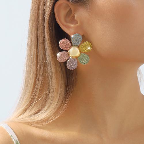 Pendientes de Perno de Aleación de Zinc, Flor, chapado, Joyería & para mujer & con diamantes de imitación, más colores para la opción, libre de níquel, plomo & cadmio, 52x52mm, Vendido por Par