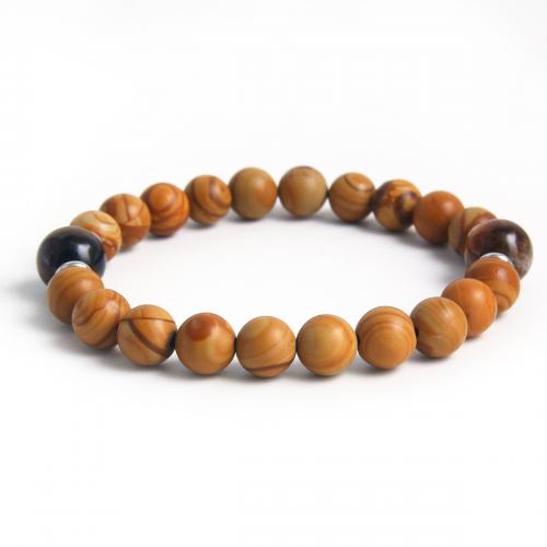 Bráisléid gemstone, 304 Cruach dhosmálta, le Peach Wood & Tíogair Súl, plátáilte, unisex, buí, Fad Thart 19 cm, Díolta De réir PC