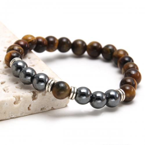 Edelsteen armbanden, 304 roestvrij staal, met Lava & Grain Stone & Tiger Eye, gepolijst, uniseks & verschillende stijlen voor de keuze, bruin, Lengte Ca 19 cm, Verkocht door PC