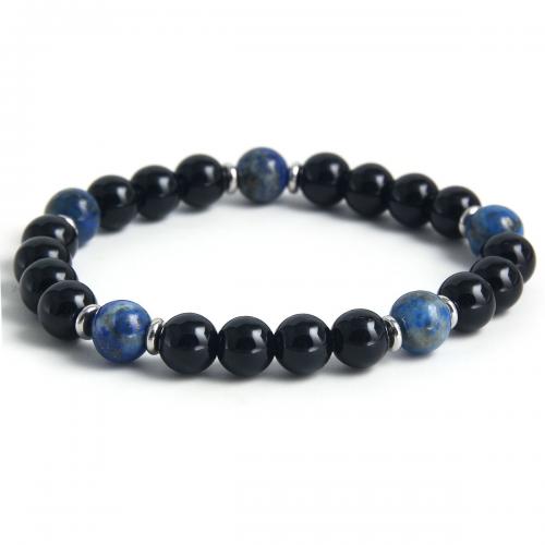 Bráisléid gemstone, 304 Cruach dhosmálta, le Obsidian & Lapis Lazuli, plátáilte, unisex, dubh, Fad Thart 19 cm, Díolta De réir PC