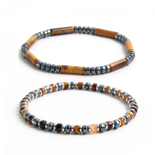 Bracelets de pierres précieuses, Acier inoxydable 304, avec oeil de tigre & Hématite, fait à la main, unisexe & styles différents pour le choix, couleurs mélangées, Longueur Environ 18 cm, Vendu par PC