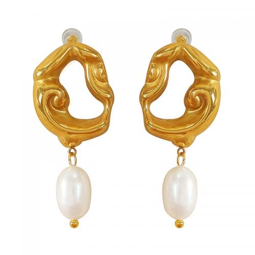 Titanium Steel  Earring with Freshwater Pearl 18K gold plated fashion jewelry & for woman golden Sold By Pair